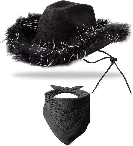 YBHOMINE Cowboy Hat with Bandana - Feather Boa Cowgirl Hat for Women & Men,bachelorette party Halloween Dress-Up… in Kuwait