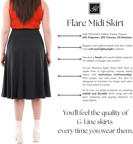G-Line Women's Eight Gore Midi Skirt Elegant Modest Boho A-Line Below The Knee Panel Skirt for Women Petite to Plus Size 0-26 in Saudi Arabia