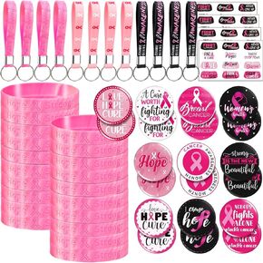 100 Pcs Breast Cancer Awareness Accessories,20 Silicone Breast Cancer Bracelets,20 Pink Ribbon Buttons,12 Ribbon Keychains for Women,48 Face Tattoos for Charity Event Survivor Supplies in Kuwait