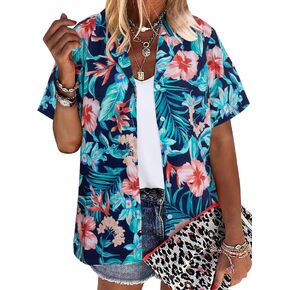 Hawaii Shirt Women Hawaiian Tshirt Floral Leaves Tee Tropic Beach Shirt Button Up Shirt Summer Vacation Shirt