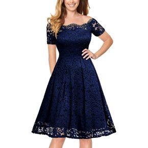 MISSMAY Women's Vintage Floral Lace Short Sleeve Boat Neck Cocktail Party Swing Dress