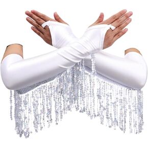 GEMILY Sequin Tassel Gloves Fashion Satin Fingerless Gloves Long Elastic Sparkly Gloves Party Costume for Women and Girls