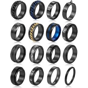 خواتم سوداء من الفولاذ المقاوم للصدأ للرجال، مجموعة خواتم عصرية لحفلات الزفاف للرجال، مجموعة خواتم قلق بسيطة ورائعة للرجال والنساء مقاس 6-11. in Kuwait