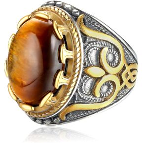 Dochais Retro Large Tiger Eye Stone Mens Ring Turquoise Vintage Ring for Men Oval Gemstone Stainless Steel Ring Size 7-13 in Saudi Arabia