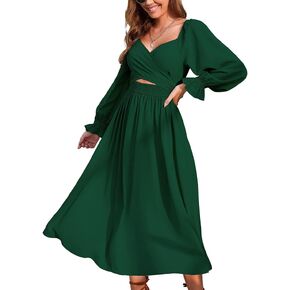 Women Tie Back Long Puff Sleeve Dress Sage Ruffle Wrap Reversible Flowy Casual Midi Dress with Pocket for Party Wedding Beach