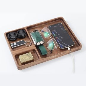 SeedWave Wooden Valet Tray, Nightstand Organizer EDC Tray for Men, Walnut Catchall Tray for Phone, Jewelry, Watch, Accessories, Gift for Him, Gift for Dad