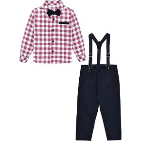 Lilax Boys Wedding Outfit, Toddler & Young Boys' Fashion Pant Set, Plaid Dress Shirt, Pants, Bowtie and Suspenders in Saudi Arabia