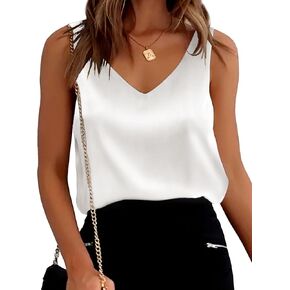 Ekouaer Womens Silk Satin Tops V Neck Casual Tank White