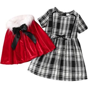 فستان عيد الميلاد للفتيات الصغيرات الصغار بأكمام قصيرة منقوش عليه شال مخملي مناسب لملابس عيد الميلاد للفتيات من 1 إلى 6 سنوات in Kuwait