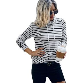 Cozyease Women's Striped Turtleneck Tee Shirts Casual Long Sleeve Drawstring Sweatshirts Tops