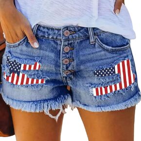 Women's Denim Shorts Low-Rise American Flag Printed Shorts Frayed Raw Hem Casual Jeans Shorts Sexy Mini Hot Pants
