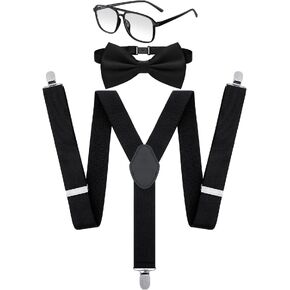 Eurzom Halloween Nerd Costume 3 Pieces Black Suspenders Glasses and Bow Tie Set for Unisex Halloween Character Costume