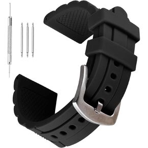 23mm Black Silicone Rubber Diver Watch Band Waterproof Sport Stainless Steel Buckle