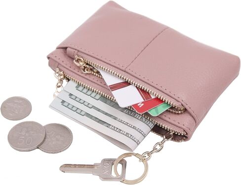 محفظة ZOOEASS للنساء من الجلد الطبيعي بسحاب صغير للعملات المعدنية مع حلقة مفاتيح وسحاب ثلاثي لحمل البطاقات in Kuwait