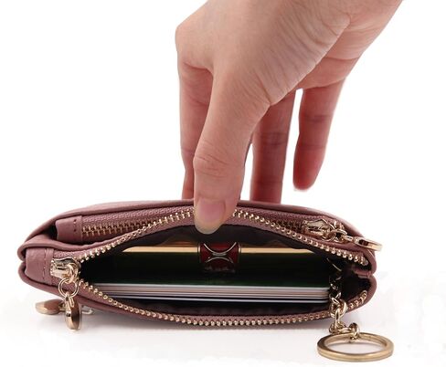 محفظة ZOOEASS للنساء من الجلد الطبيعي بسحاب صغير للعملات المعدنية مع حلقة مفاتيح وسحاب ثلاثي لحمل البطاقات in Kuwait