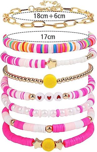 Heishi Surfer Bracelets Set,Colorful Preppy Bracelet Heart Star Stretch Beaded Bracelets Evil Eye Beaded Bracelets Stackable Boho Y2K Pearl Bracelets Set Clay Polymer Bead Aesthetic Bracelets Summer Beach Layering Bracelet Jewelry for Women Girls in Kuwait
