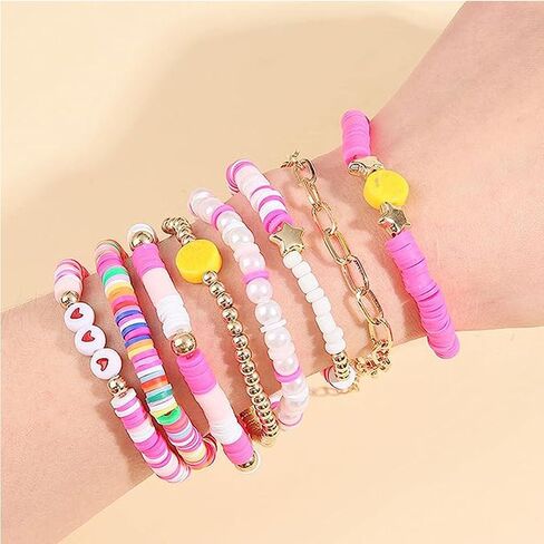 Heishi Surfer Bracelets Set,Colorful Preppy Bracelet Heart Star Stretch Beaded Bracelets Evil Eye Beaded Bracelets Stackable Boho Y2K Pearl Bracelets Set Clay Polymer Bead Aesthetic Bracelets Summer Beach Layering Bracelet Jewelry for Women Girls in Kuwait