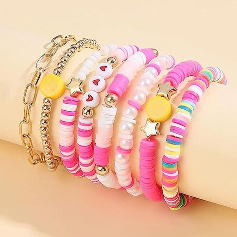 Heishi Surfer Bracelets Set,Colorful Preppy Bracelet Heart Star Stretch Beaded Bracelets Evil Eye Beaded Bracelets Stackable Boho Y2K Pearl Bracelets Set Clay Polymer Bead Aesthetic Bracelets Summer Beach Layering Bracelet Jewelry for Women Girls in Kuwait