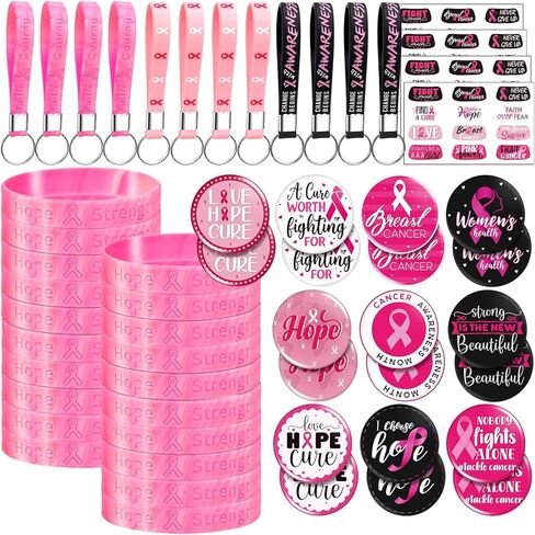 100 Pcs Breast Cancer Awareness Accessories,20 Silicone Breast Cancer Bracelets,20 Pink Ribbon Buttons,12 Ribbon Keychains for Women,48 Face Tattoos for Charity Event Survivor Supplies in Kuwait
