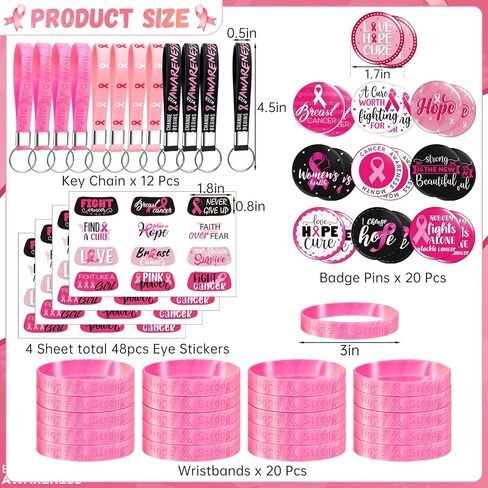 100 Pcs Breast Cancer Awareness Accessories,20 Silicone Breast Cancer Bracelets,20 Pink Ribbon Buttons,12 Ribbon Keychains for Women,48 Face Tattoos for Charity Event Survivor Supplies in Kuwait