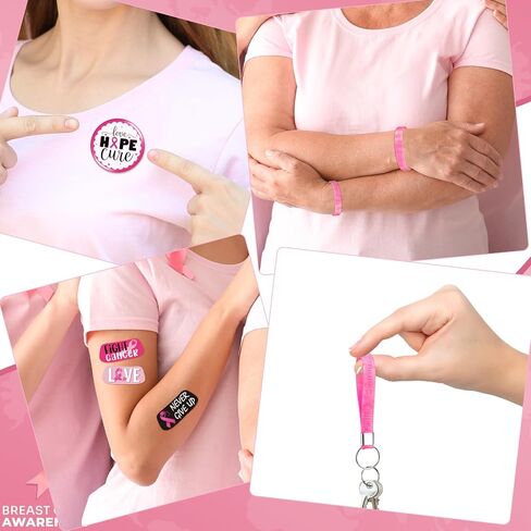 100 Pcs Breast Cancer Awareness Accessories,20 Silicone Breast Cancer Bracelets,20 Pink Ribbon Buttons,12 Ribbon Keychains for Women,48 Face Tattoos for Charity Event Survivor Supplies in Kuwait