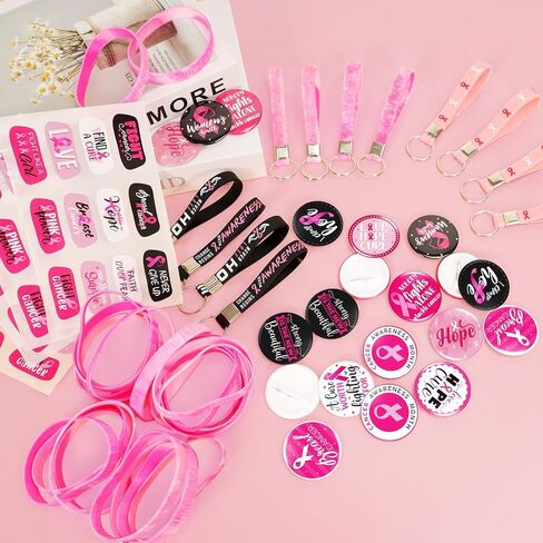 100 Pcs Breast Cancer Awareness Accessories,20 Silicone Breast Cancer Bracelets,20 Pink Ribbon Buttons,12 Ribbon Keychains for Women,48 Face Tattoos for Charity Event Survivor Supplies in Kuwait