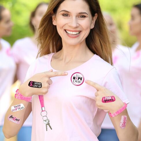 100 Pcs Breast Cancer Awareness Accessories,20 Silicone Breast Cancer Bracelets,20 Pink Ribbon Buttons,12 Ribbon Keychains for Women,48 Face Tattoos for Charity Event Survivor Supplies in Kuwait