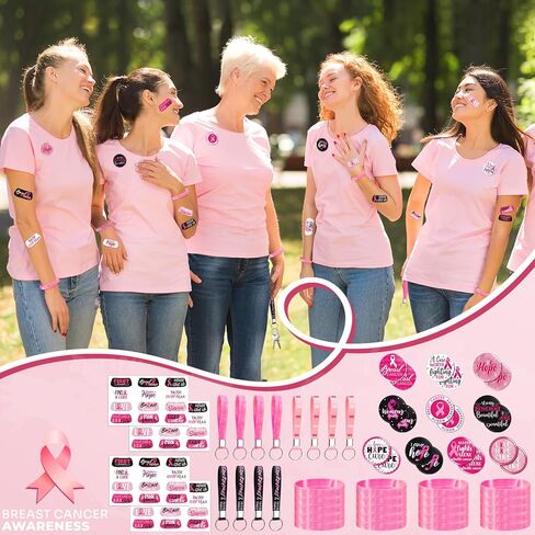 100 Pcs Breast Cancer Awareness Accessories,20 Silicone Breast Cancer Bracelets,20 Pink Ribbon Buttons,12 Ribbon Keychains for Women,48 Face Tattoos for Charity Event Survivor Supplies in Kuwait