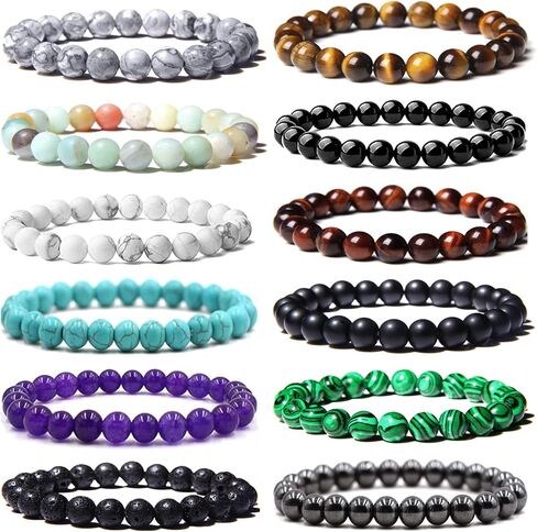 JEWPARK 12PCS 8mm Semi-Precious Gemstone Bracelet Set Healing Crystal Stone Stretch Bracelets for Men Women Round Beaded Elastic Bracelets in Saudi Arabia