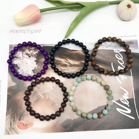 JEWPARK 12PCS 8mm Semi-Precious Gemstone Bracelet Set Healing Crystal Stone Stretch Bracelets for Men Women Round Beaded Elastic Bracelets in Saudi Arabia