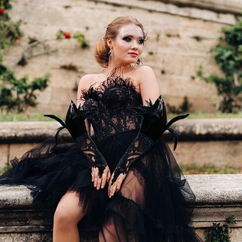 MeiLiMiYu المرأة ريشة الدانتيل قفازات طويلة الساحرة تنكر قفازات الدانتيل شبكة القوطية قفازات لحزب الهالوين تأثيري in Kuwait