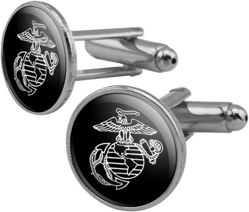 Marines USMC White on Black Eagle Globe Anchor Logo Officially Licensed Round Cufflink Set Silver Color in Saudi Arabia