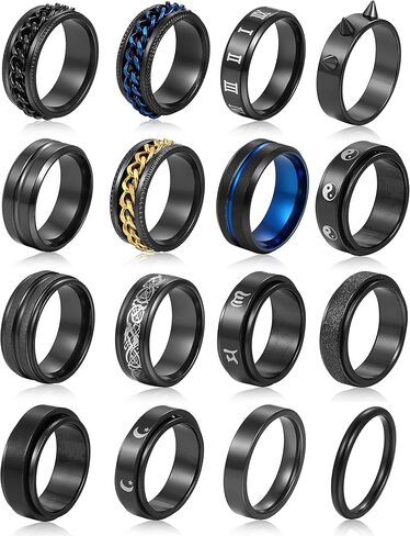 خواتم سوداء من الفولاذ المقاوم للصدأ للرجال، مجموعة خواتم عصرية لحفلات الزفاف للرجال، مجموعة خواتم قلق بسيطة ورائعة للرجال والنساء مقاس 6-11. in Kuwait