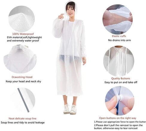 SXYY Raincoats for Adults Women and Men [2 Pack] Reusable Ponchos Clear Long Rain Jacket Traveling Rain Coat, White in Saudi Arabia
