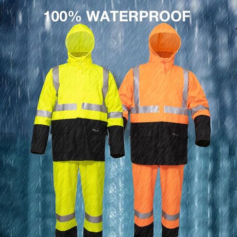 HAOKAISEN Rain Suit for Men Heavy Duty Workwear Waterproof Hi Vis Reflective Rain Jacket with Bib Pants in Kuwait