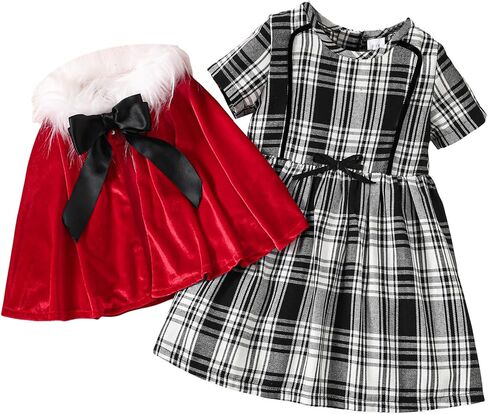 فستان عيد الميلاد للفتيات الصغيرات الصغار بأكمام قصيرة منقوش عليه شال مخملي مناسب لملابس عيد الميلاد للفتيات من 1 إلى 6 سنوات in Kuwait