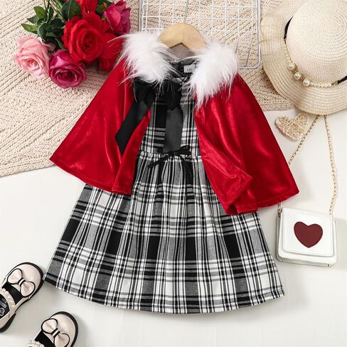 فستان عيد الميلاد للفتيات الصغيرات الصغار بأكمام قصيرة منقوش عليه شال مخملي مناسب لملابس عيد الميلاد للفتيات من 1 إلى 6 سنوات in Kuwait