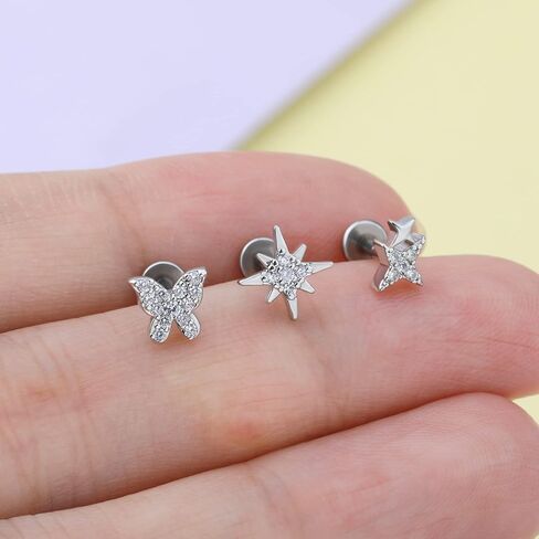 Melighting 16G Labret Jewelry داخليا مترابطة فراشة Labret مسمار القمر اللولب أقراط واضحة تشيكوسلوفاكيا الفولاذ المقاوم للصدأ 316L نجمة الغضروف أقراط الزنمة ثقب للنساء in Kuwait