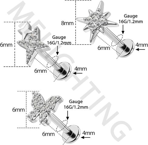 Melighting 16G Labret Jewelry داخليا مترابطة فراشة Labret مسمار القمر اللولب أقراط واضحة تشيكوسلوفاكيا الفولاذ المقاوم للصدأ 316L نجمة الغضروف أقراط الزنمة ثقب للنساء in Kuwait