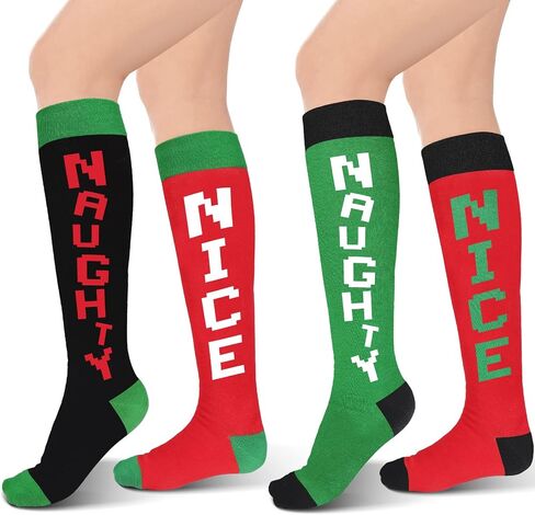2 Pairs Christmas Knee High Socks Black Naughty and Red Nice Non Slip Soft Christmas Socks Colorful Costume Accessories Stockings Long Cotton Tube Socks for Men, Women Girls and Kids Gift in Saudi Arabia