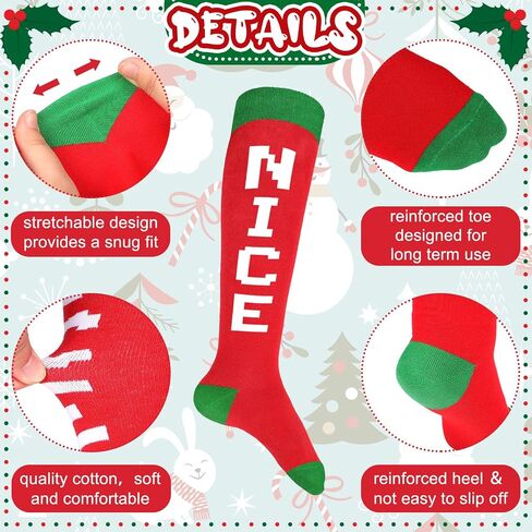 2 Pairs Christmas Knee High Socks Black Naughty and Red Nice Non Slip Soft Christmas Socks Colorful Costume Accessories Stockings Long Cotton Tube Socks for Men, Women Girls and Kids Gift in Saudi Arabia