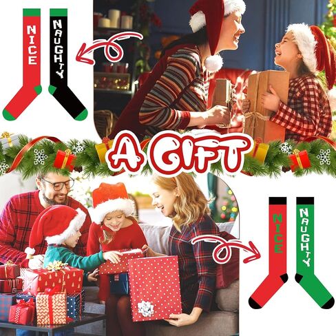 2 Pairs Christmas Knee High Socks Black Naughty and Red Nice Non Slip Soft Christmas Socks Colorful Costume Accessories Stockings Long Cotton Tube Socks for Men, Women Girls and Kids Gift in Saudi Arabia
