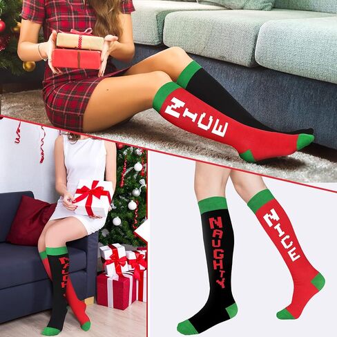 2 Pairs Christmas Knee High Socks Black Naughty and Red Nice Non Slip Soft Christmas Socks Colorful Costume Accessories Stockings Long Cotton Tube Socks for Men, Women Girls and Kids Gift in Saudi Arabia