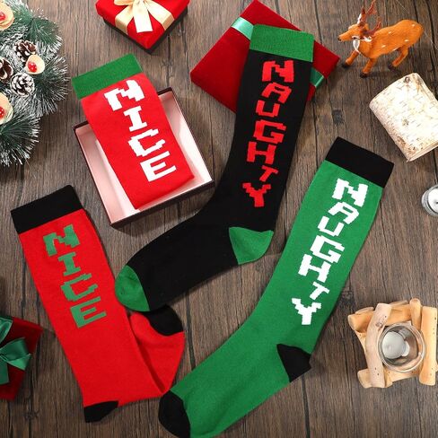 2 Pairs Christmas Knee High Socks Black Naughty and Red Nice Non Slip Soft Christmas Socks Colorful Costume Accessories Stockings Long Cotton Tube Socks for Men, Women Girls and Kids Gift in Saudi Arabia