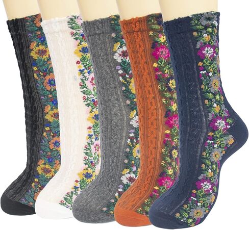 5 أزواج من الجوارب النسائية المبتكرة بنمط الأزهار من Riccess، جوارب جمالية بنمط عرقي عتيق للفتيات، جوارب مطاطية فوق الكاحل in Kuwait