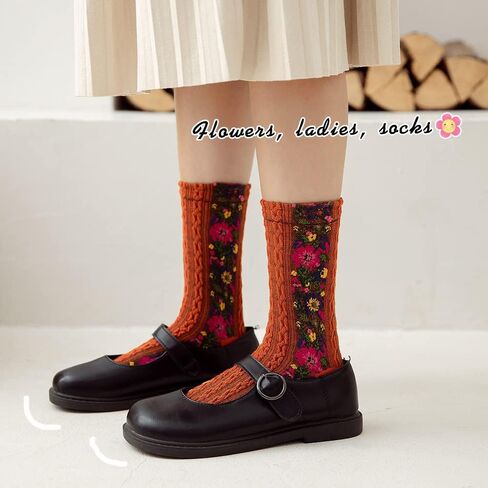 5 أزواج من الجوارب النسائية المبتكرة بنمط الأزهار من Riccess، جوارب جمالية بنمط عرقي عتيق للفتيات، جوارب مطاطية فوق الكاحل in Kuwait