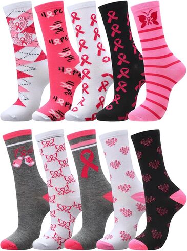 Suhine 50 Pairs Breast Cancer Awareness Socks Bulk Pink Ribbon Socks Soft Breast Cancer Socks Novelty Pink Crew Socks Bulk for Women Girls Gifts Sport Accessories, 10 Styles in Saudi Arabia