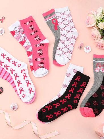 Suhine 50 Pairs Breast Cancer Awareness Socks Bulk Pink Ribbon Socks Soft Breast Cancer Socks Novelty Pink Crew Socks Bulk for Women Girls Gifts Sport Accessories, 10 Styles in Saudi Arabia