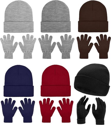 URATOT 12 Pack Gloves and Beanies Magic Gloves and Knit Beanies Hats Winter Warm Gloves Hat for Men Women in Kuwait