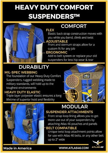 حمالات Atlas 46 24/7 Comfort-Tuff V2 شديدة التحمل - مقاس واحد يناسب الجميع، أسود in Kuwait